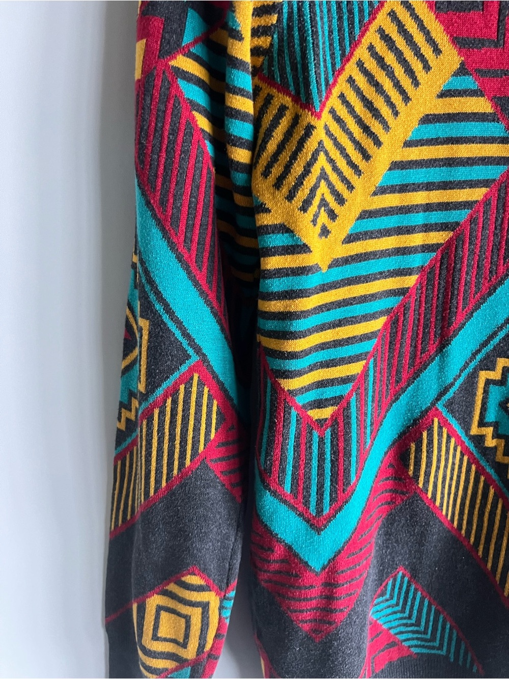 Empyre Black Crewneck Sweater with Teal, Mustard and Red Geometric Pattern - Picture 2 of 4